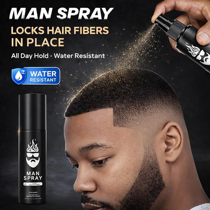 Hair Thickening Fibers (Black), Hair Fiber Locking Spray + Applicator Fiber Pump to create Natural looking Fuller Hair and Beard | Man Card Included | Hair Set by the THE MAN KIT