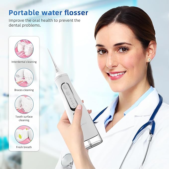 Cordless Dental Water Flosser for Teeth, Gums & Braces - Electric Oral Irrigator 310ML, 4 Modes, Rechargeable, 4 Jet Tips, Smart Memory, 360° Nozzle, IPX7 Waterproof & Low Noise (M209 - White)