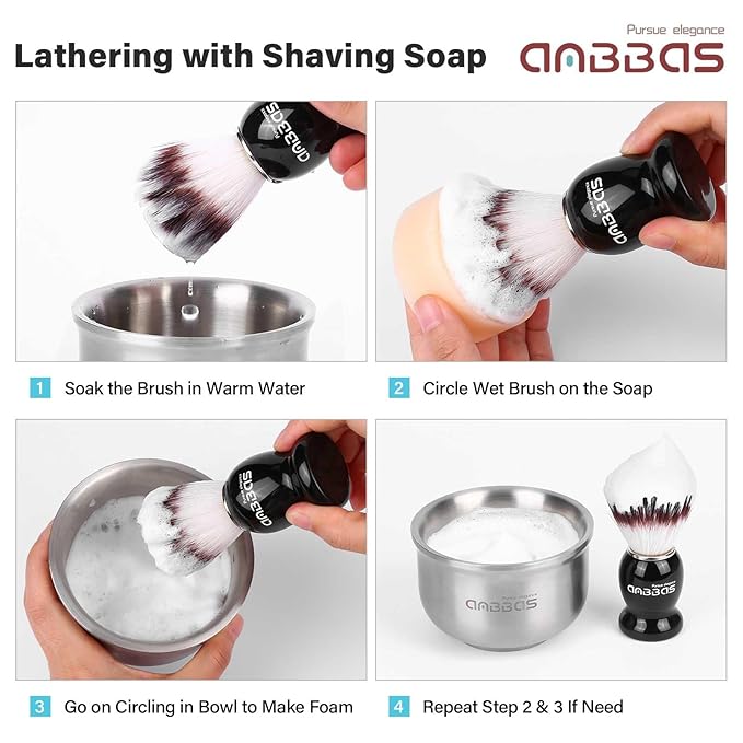 Anbbas Synthetic Badger Shaving Brush,Stainless Steel Shaving Razor and Brush Stand and Lathering Foam Bowl,3.5 oz Natural Shaving Soap Puck Refill for Men