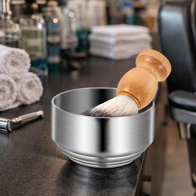 NOLITOY Men’s Stainless Steel Shaving Soap Bowl with Lid, Small Double-layer Shave Cup for Bathroom, Sturdy Metal Mixing Bowl for Shaving Cream and Razor Cleaning, Household Grooming Tool