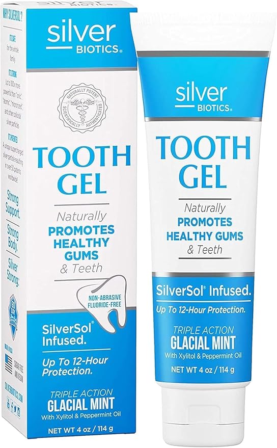Silver Biotics Tooth Gel | SilverSol Ag₄O₄ 22 ppm Nano-Silver Infused Gel for All Natural Gum & Teeth Protection | Glacial Mint | 4 oz