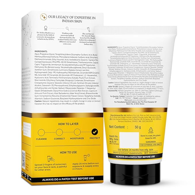 Dr. Sheth's Ceramide & Vitamin C Sunscreen SPF 50+ PA+++ | One Step Routine for Summer | For Women & Men | UVA UVB Sun Protection | 1.76 Oz / 50g