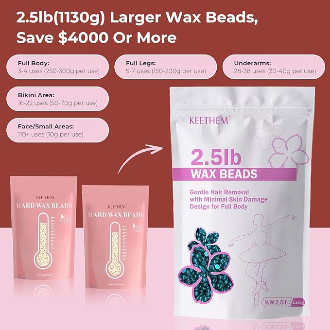 2.5lb Wax Beads, Hard Wax Beads for Coarse Hair Removal and Sensitive Skin- Waxing Beads for Women Men - Hard Wax Recommended for Full Body Bikini Brazilian Waxing (Jasmine)