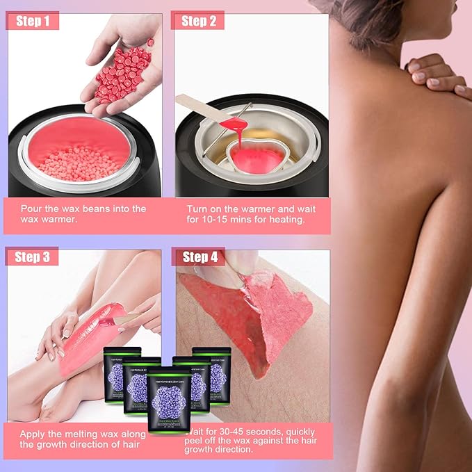 Wax Beads for Hair Removal 1.1 lb (17.6 oz), Hard Wax Beads for Sensitive Skin - Brazilian, Face, Bikini, Legs, Eyebrow, Painless Waxing Beads Kit for Women Men, 5 Packs with 10 Wax Sticks