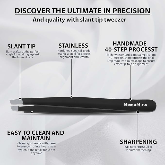 Premium Slant Tip Eyebrow Tweezer (Black), Stainless Steel Precision Tweezers for Men & Women, Facial Hair Removal with Leather Case