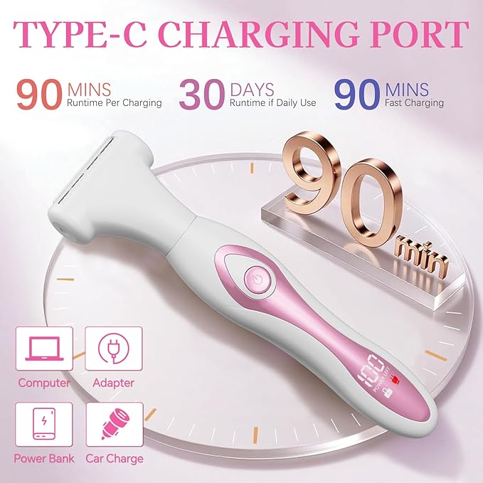 Women‘s Electric Razor 4-in-1 - Painless Hair Removal for Bikini, Face, Body & Nose, Wet & Dry Shaver with LED Display, USB-C Fast Charging, IPX6 Waterproof, Travel Gift