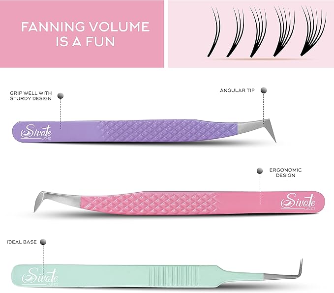 SIVOTE Lash Tweezers for Eyelash Extensions, Set of 3 - Volume, Volume Boot, Slim 90 Degree Tweezers with Fiber Tips in Pastel Colors, Ideal for Mega, Volume & Russian Lashes - Includes Leather Pouch
