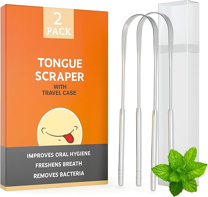 Stainless Steel Tongue Scraper Set, 2 Pack with Travel Cases, Reduce Bad Breath, Metal Tongue Scraper, Tongue Cleaner, Tongue Scraper, Tongue Cleaner for Adults