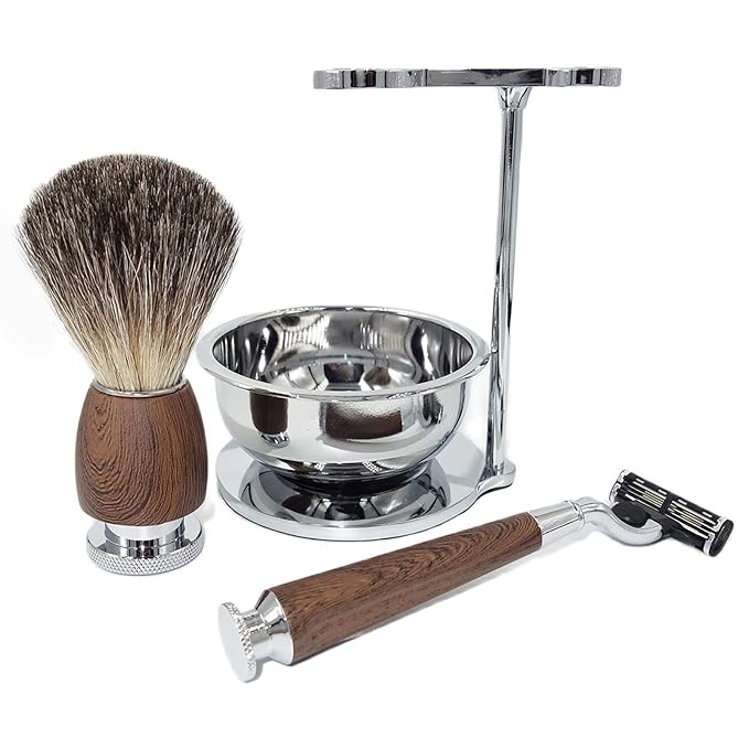 Luxury Safety Razor Shaving Kit for Men,with Shaving Bowl,Badger Hair Brush,Shaving Stand and Manual Razor Compatible with 3-Layer Razor Cartridge,Unique Wet Shave Set Gift for Men
