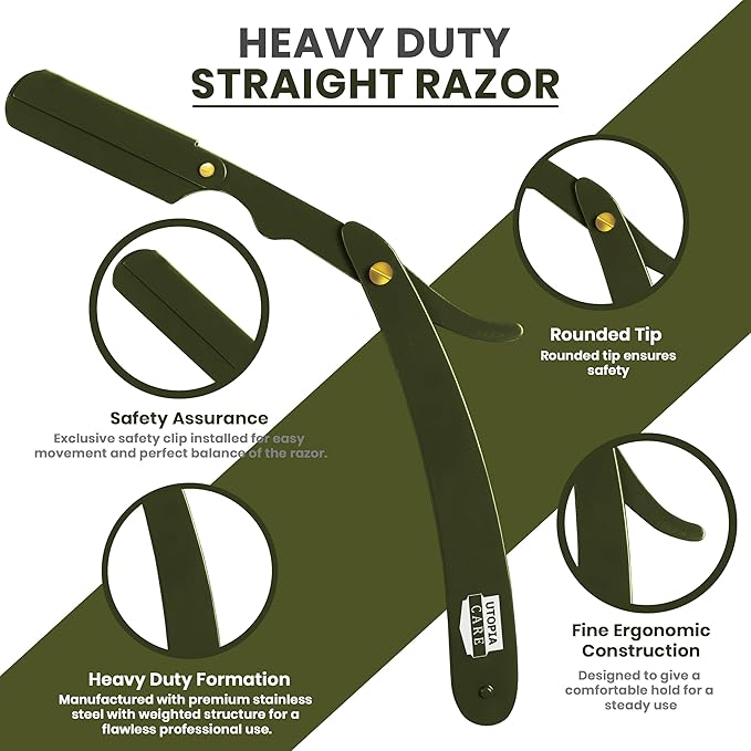 Utopia Care Professional Straight Razor for Men, Barber Straight Edge Razor Safety with 100 Pack Blades, Green