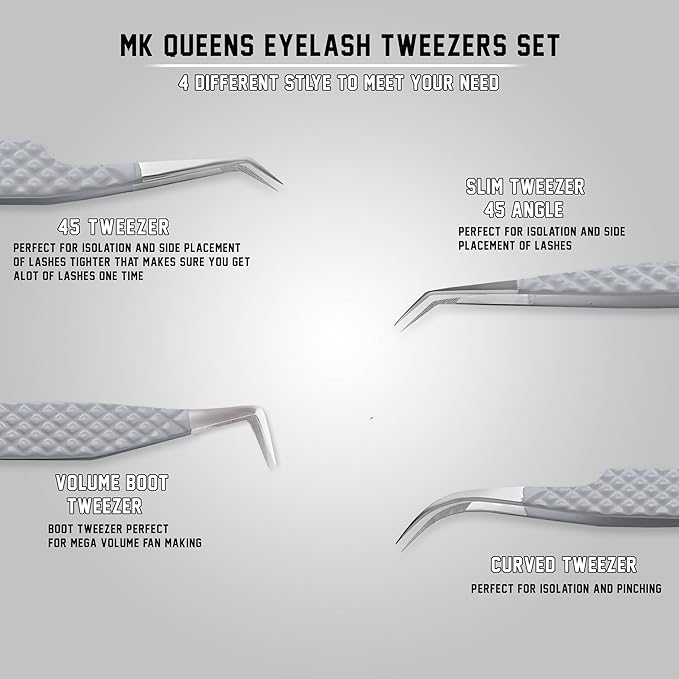 Lash Tweezers - Stainless Steel Fiber Tip Eyelash Tweezers (Set of 4) - Diamond Grip Professional Lash Tweezers for Eyelash Extensions (Grey)
