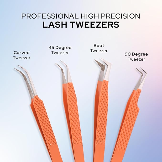 M LASH Tweezers for Eyelash Extensions (Set of 4) - Professional Lash Extension Tweezers - Fiber Tip, Japanese Steel, Diamond Grip Eyelash Extension Tweezer set (ET-Neu)