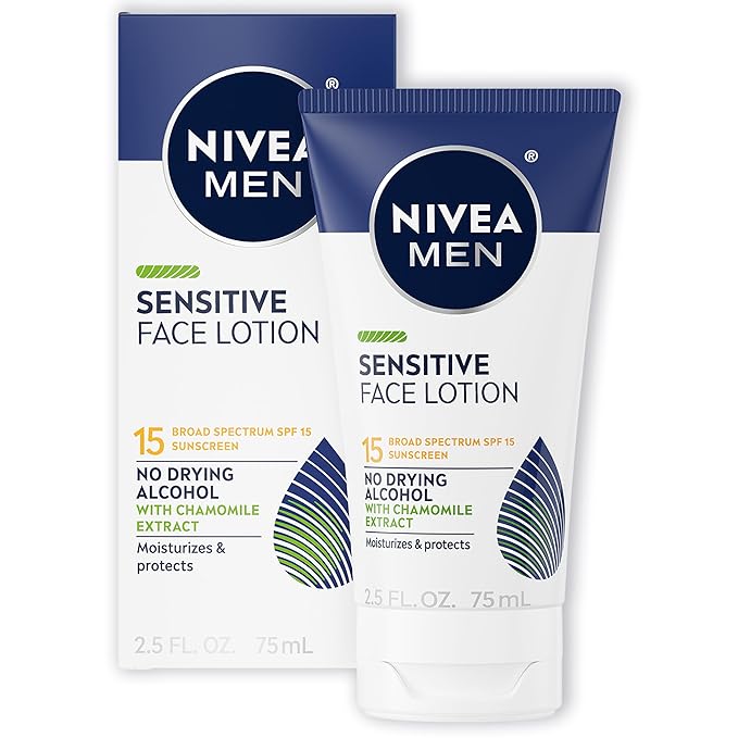 NIVEA MEN Sensitive Face Lotion with SPF 15,Broad Spectrum Sunscreen of 2.5 Fl Oz Tubes,(Pack of 6)