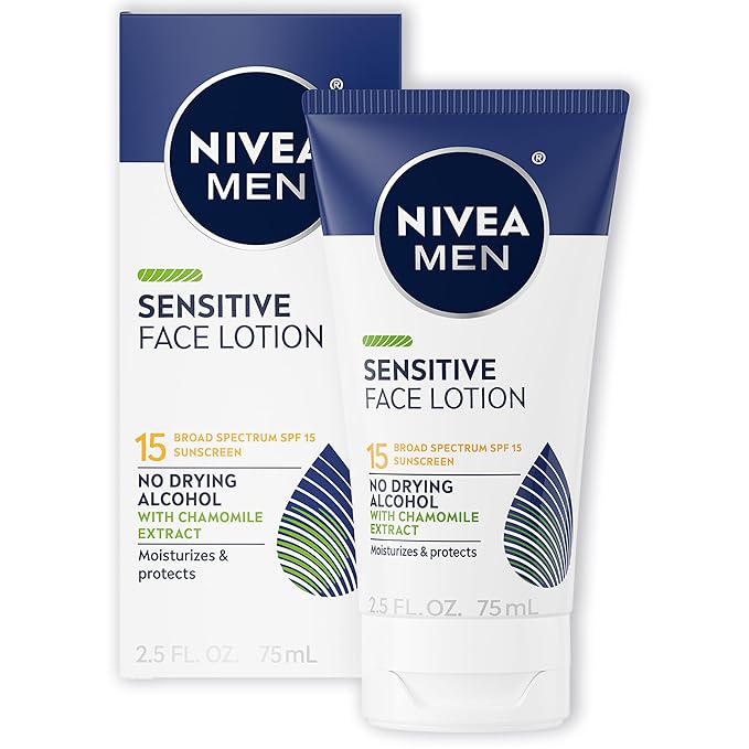 NIVEA MEN Sensitive Face Lotion with SPF 15, Broad Spectrum Sunscreen, 3 Pack of 2.5 Fl Oz Tubes