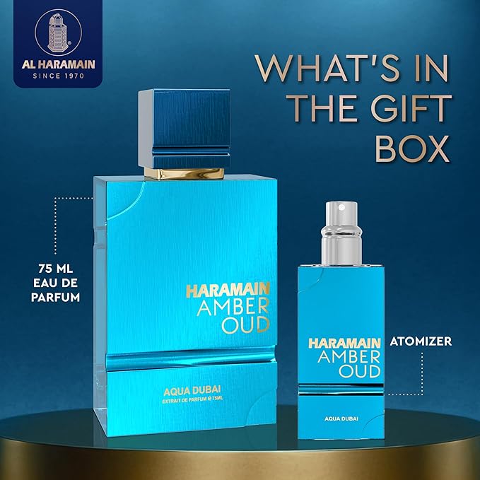 Al Haramain Amber Oud Eau de Parfum – Aqua Dubai – Oud Cologne with Atomizer – Men's Perfume for Men: Bergamot, Green Notes, Mandarin, Melon, Pineapple, Amber, Vanilla, Musk, Mens Fragrances (2.5 oz)