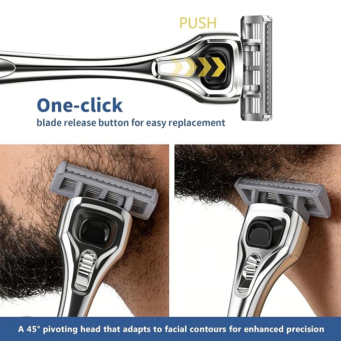Professional 6-Blade Men's Razor with Lubricating Strip & Precision Trimmer, 45° Pivoting Head, Metal 1 Handle +4 Blade Refills, Includes Cleaning Brush & Wall Mount