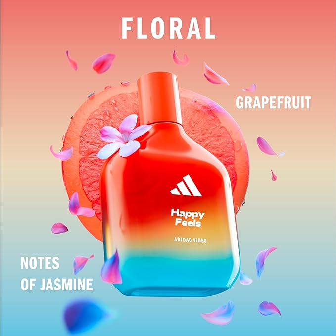 Adidas Vibes Happy Feels Eau de Parfum 1.6 fl oz (Pack of 1), Notes of Floral, Grapefruit, and Vanilla, Unisex Fragrance, Long Lasting, Sporty Fragrance, Travel Size