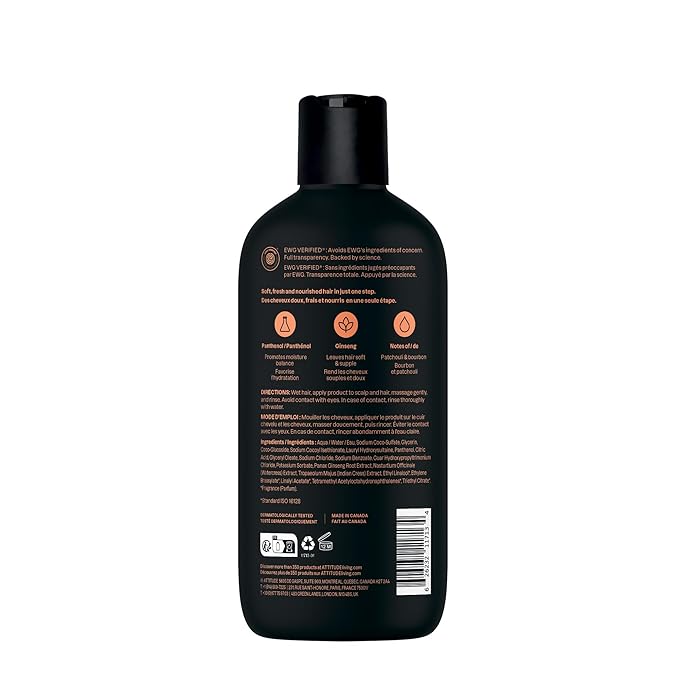 ATTITUDE Men's Shampoo and Conditioner 2-in-1, Nourishing For Dry Hair and Scalp, With Panthenol and Ginseng, 97% Natural Origin Ingredients, EWG Verified, Patchouli & Bourbon, 14 Fl Oz