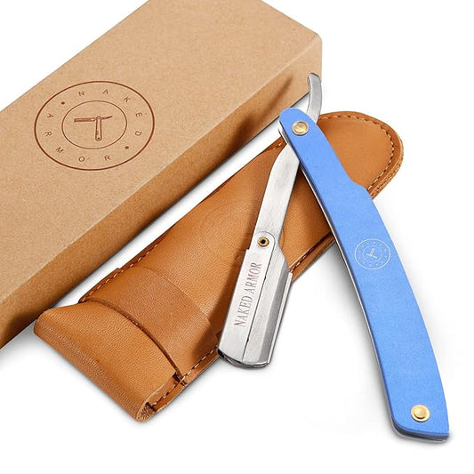 Best Shavette Straight Razor - Replaceable Blade Straight Razor, Metal Handle Shavette, No Stropping or Honing Needed, Great For Beginners, Starter Blade, Hygienic, Close Shave, Leather Case (Blue)