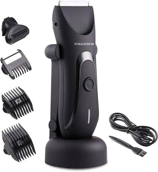 Dual-Head Electric Body Hair Trimmer for Men & Women, Waterproof Groin & Bikini Shaver, Wet/Dry Groomer with Replaceable Ceramic Blades,USB Recharge Dock, Hygiene Razor for Full-Body Use