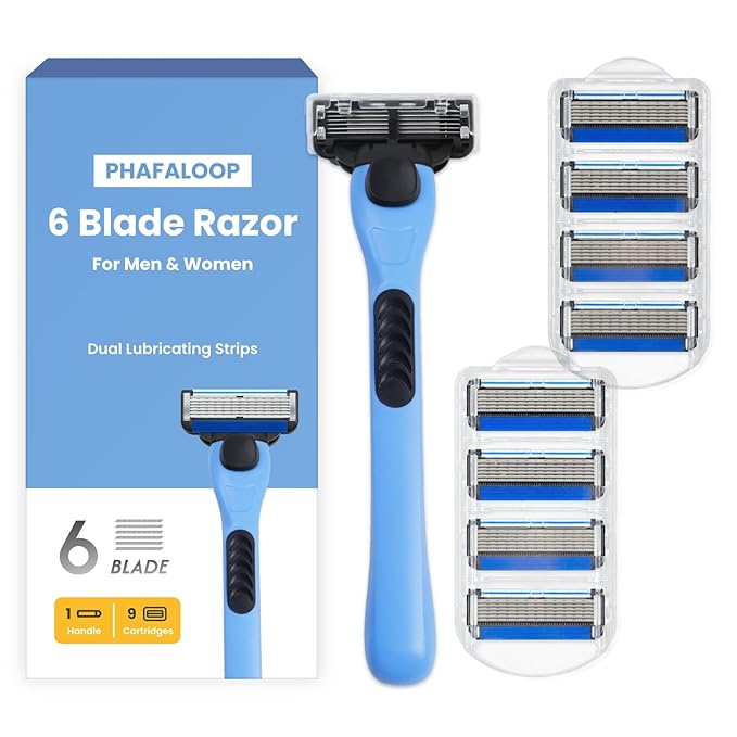6-Blade Men's Razor with Dual Lubrication and Precision Trimmer, Shaving Kit for Men, 10 Piece Set, 1 Handle & 9 Refill Cartridges, Smooth Comfortable Shave (Blue)