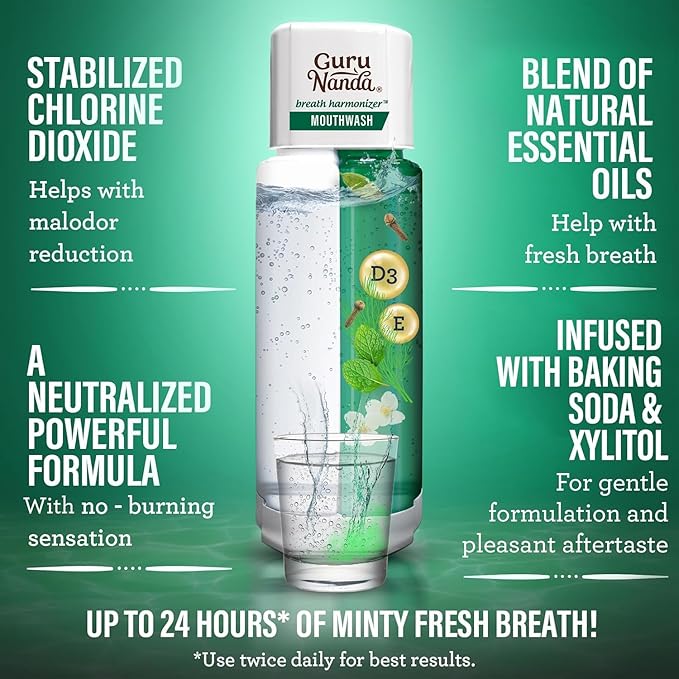 GuruNanda Dual Barrel Breath Harmonizer Mouthwash - Freshens Breath - Alcohol & Fluoride Free with Sodium Chlorite & Essential Oils - Wild Mint Flavor, 20 Fl Oz