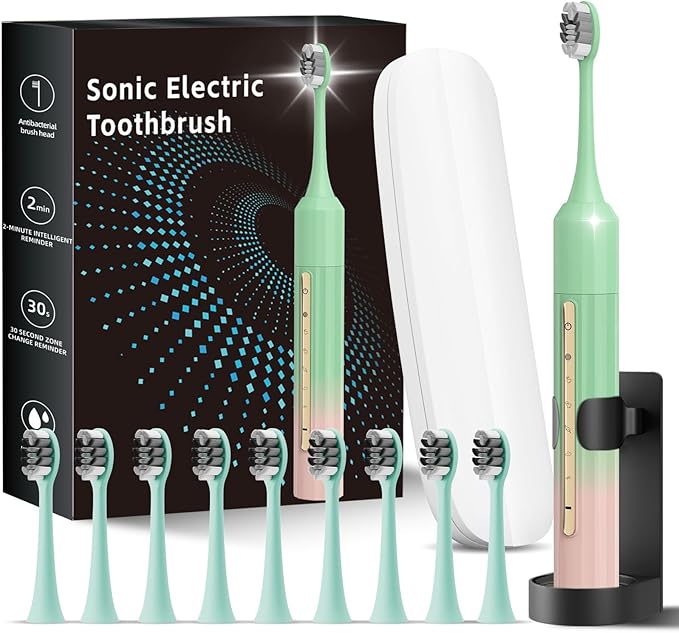 Sonic Electric Toothbrush 42000 Vibrations with 10 Brush Heads Suitable for Adults 90 Days of Use on a Single Charge,5 Modes Built-in 2-Minute Smart Timer, IPX8 Rated Waterproof (Green Pink)