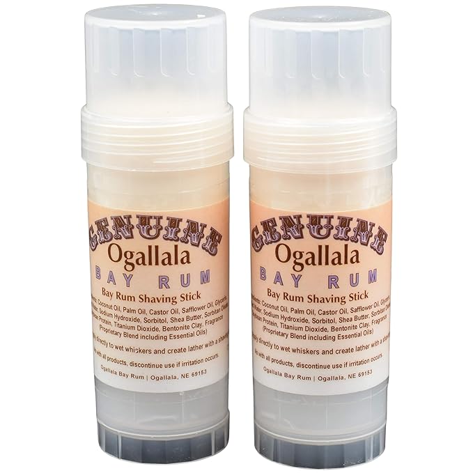 Two (2) Genuine Ogallala Bay Rum Bay, Regular scent rum shaving sticks. This is a version of our popular Genuine Ogallala Bay Rum Shaving Soap in Shaving Stick form.