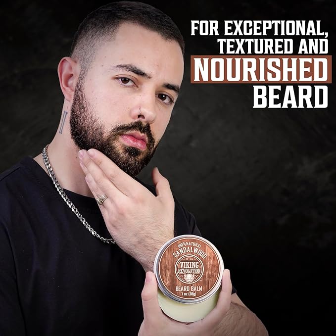 Viking Revolution 4 Beard Balm Variety Pack (1oz Each) - Sandalwood, Pine & Cedar, Bay Rum, Clary Sage - Styles, Strengthens and Softens Beards and Mustaches - Wax for Men