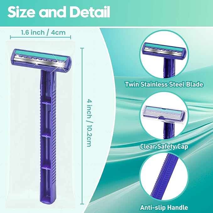 Individually Wrapped Twin Blade Disposable Razors – 40 Pack Stainless Steel Shavers with Lubricating Strip, Safety Cap & Non-Slip Handle for Sensitive Skin, Travel, Hotel, Hygiene Use