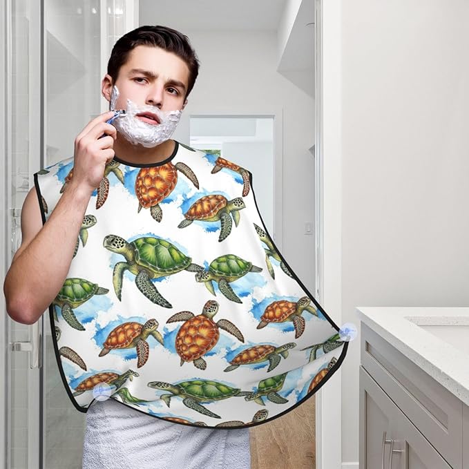 Beard Hair Catcher for Men, Waterproof Shaving Bib Apron Non-Stick, Trimming Tool for Dad Husband, Great Ocean Wave Sea Turtles Shave Bib