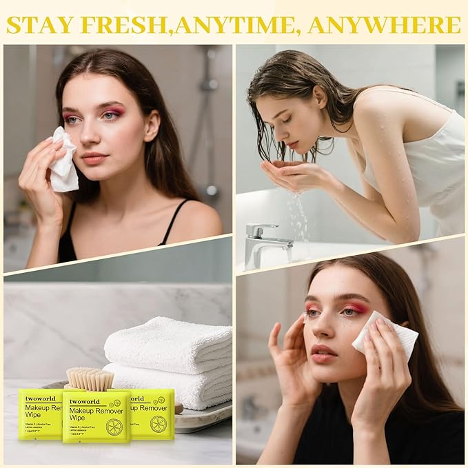 Makeup Remover Wipes Bulk Individually Wrapped,Travel Makeup Wipes Gentle for Face Cleansing Mascara Lipstick Travel Hotel（lemon,pack of 50)