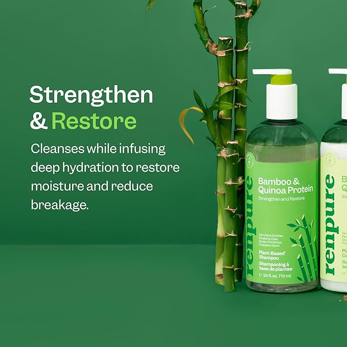 Renpure Bamboo & Quinoa Shampoo, Plant-Based – Restores, Hydrates & Strengthens For Healthier Hair – For Weak, Dull & Damaged Hair - Bamboo Extract & Quinoa Protein – 24 Fl Oz