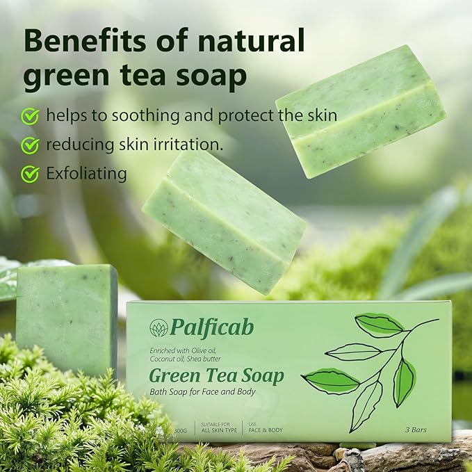 Green Tea Soap, Moisturizing Bath Soap Bars, Cruelty-Free, Gentle Exfoliating for Hydrating & Nourishing Skin with Green Tea Leaves, Coconut Oil, Shea Butter, Gifts for Women Men, 3 Bars