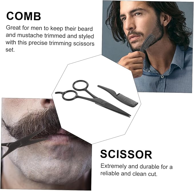 minkissy 3pcs Beard Trimming Scissors Set with Comb and Pu Leather Storage Bag Stainless Steel Mustache and Eyebrow Care Tools for Professional and Home Grooming