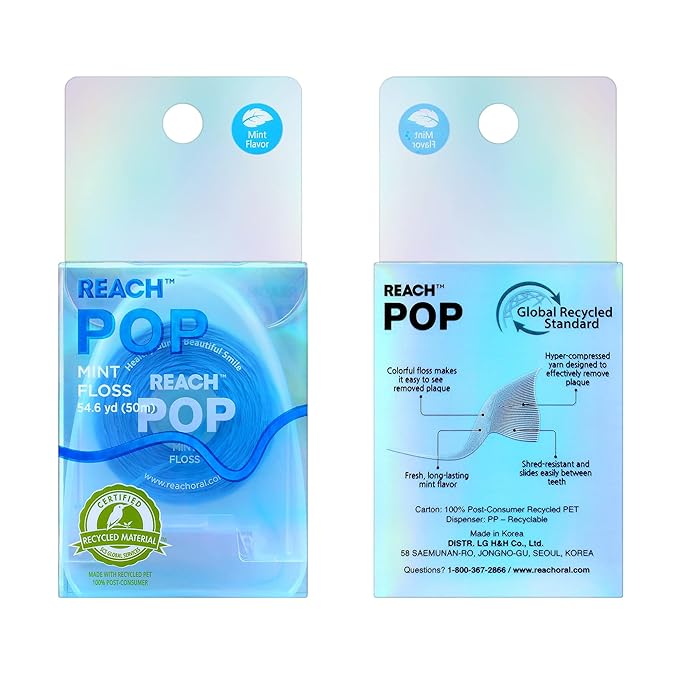 REACH POP Dental Floss, Mint, Plaque Remover for Teeth, Shred Resistant, Vegan Wax, Cruelty Free, Eco Friendly Packaging, Oral Care, PFAS Free, for Adults & Kids, 1 Pack, 54.6 yd
