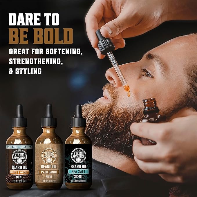Viking Revolution Beard Oil for Men 3 Pack - Natural Mens Beard Oil Variety Set - Coffee & Whiskey, Palo Santo, Sea Salt Scents - Beard Conditioning and Moisturizing for a Healthy Beard (3 Pack, 1oz)