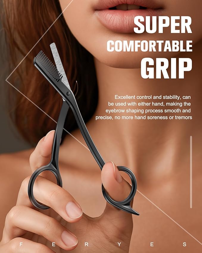 FERYES Eyebrow Trimmer Scissors with Combs, Stainless Steel Scissor & Comb in One, Precision Eyebrow Trimming Scissors for Women and Men