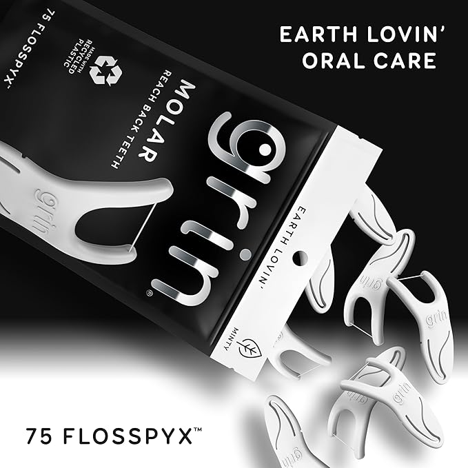 GRIN Molar Flosspyx, Floss Picks, 75 Count, Dental Flossers, Minty Flavor, Recycled Plastic, Great for Reaching Back Teeth, Slide Easily Between Teeth, Includes Safe Soft Fold-Back Tooth Pick
