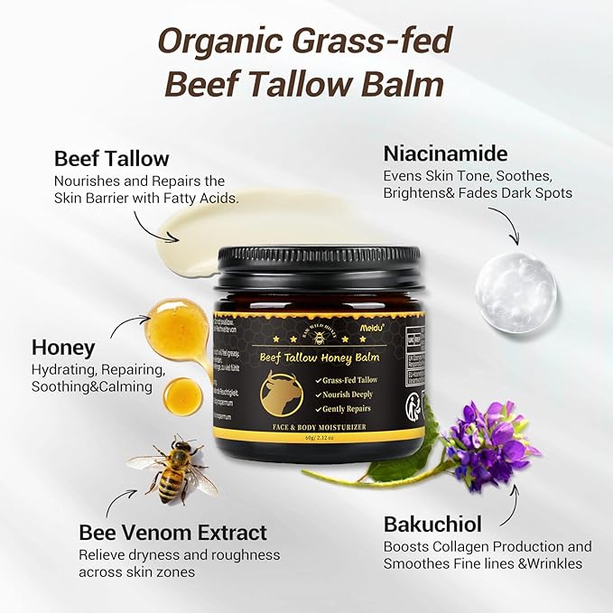 IIIMEIDU Tallow and Honey Balm, Beef Tallow for Skin, Tallow Face Moisturizer with 100% Organic Grass-Fed Beef Tallow & Raw Wild Honey, Natural Formula for Face & Body for Men Women