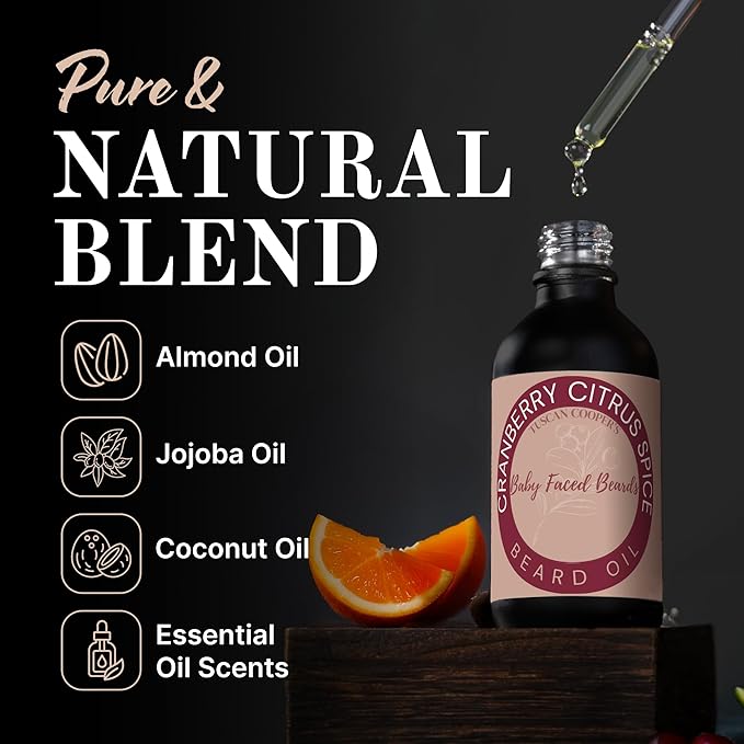 Tuscan Cooper's Baby Faced Beard Oil for Men - All Natural, Hydrating, Nourishing, Beard Softener and Conditioner for All Hair Types Coconut, Jojoba, and Sweet Almond Moisture - Cranberry Citrus Spice