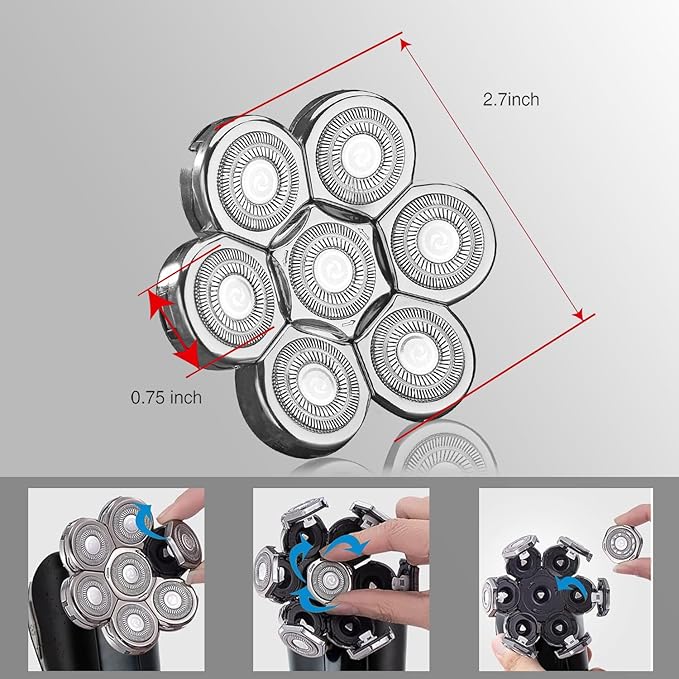 7 Blades Universal Head Shaver Replacement Heads for Freebird Shaver, Black, Men's Electric Shaver Accessory (7 Heads Silvery)