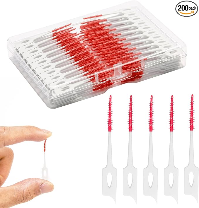 Dental Floss Picks, 200 Count, Soft Rubber Brush Head, Interdental Brushes with Convenient Carry Case,Dual-Ended Toothpick Travel Teeth Cleaning Tools (Red)