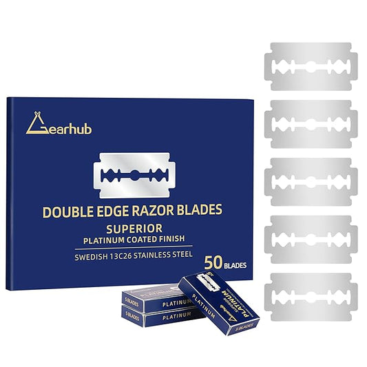 Gearhub Premium 50 Count Double Edge Safety Razor Blades Refills Swedish 13C26 Stainless Steel Platinum Coated, Mild to Medium Sharpness for Smooth Shaves
