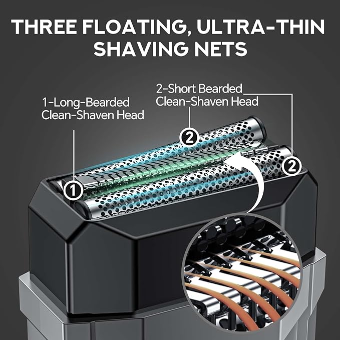 Electric Razor for Men - Foil Shaver for Smooth Shaving, Extra 1 Shaving Head Gift,3 Floating Blade, Supports Wireless and Wired, Mens Razors for Shaving,IPX 7 Waterproof，LED Display,Travel Shaver