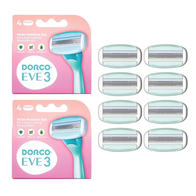 DORCO eve Pack of 3 Razors for Quick & Easy Shaving (No Handle, 8 Pcs Razor Blade Refills), 3 Curved Blades for Shaving with Aloe Vera Moisture Bar, Interchangeable Cartridge for Sensitive Skin