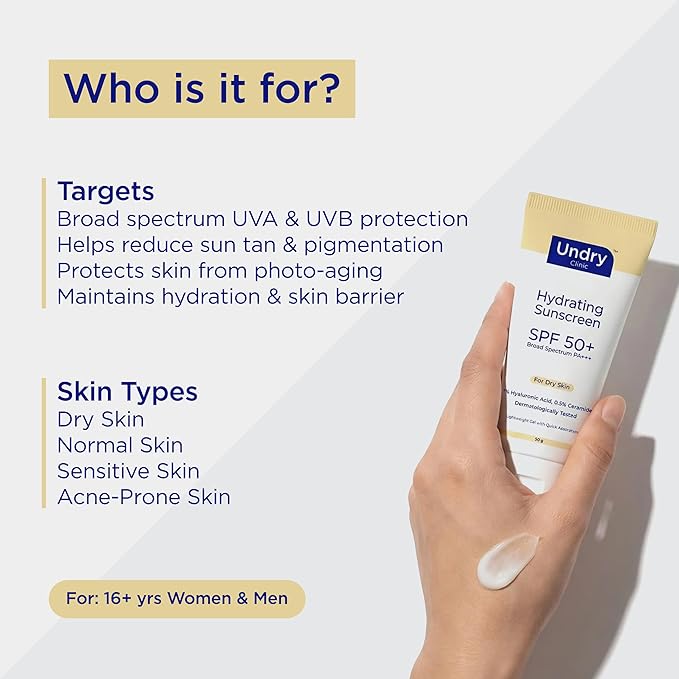 Hydrating Sunscreen for Dry Skin Lightweight, Photostable Sunscreen SPF 50 Broad Spectrum Sun Screen Protector SPF 50 Sunscreen Sun Cream with HA & Ceramide (50gm/1.7 Oz)