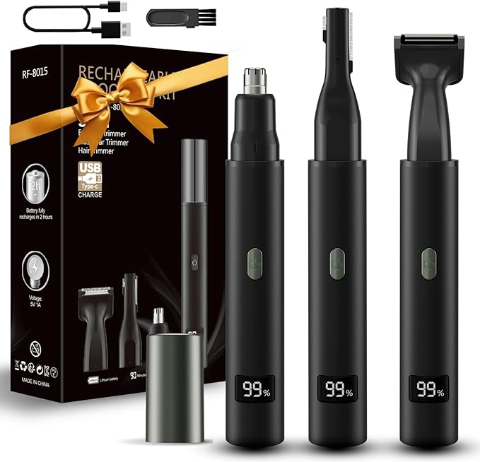 RUIM Nose Hair Trimmer for Men & Women - 3-in-1 Electric Ear & Eyebrow Trimmer, USB Rechargeable Facial Groomer with LED Light, Painless Nose and Ear Hair Remover, Dual Edge Blades