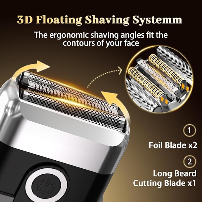Electric Foil Shaver for Men: Mini Electric Razor for Face/Beard - 3 Floating Blades Cordless Razor with LED Display - IPX7 Waterproof Wet Dry Shaving for Travel & Home, USB Type C