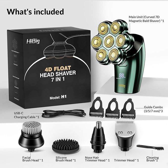 Head Shavers for Bald Men - 7D Arc Magnetic Detachable Electric Razor, Waterproof Wet Dry 5-in-1 Electric Shaving & Grooming Kit, LED Display Rechargeable Head & Body Hair Shaver, Green